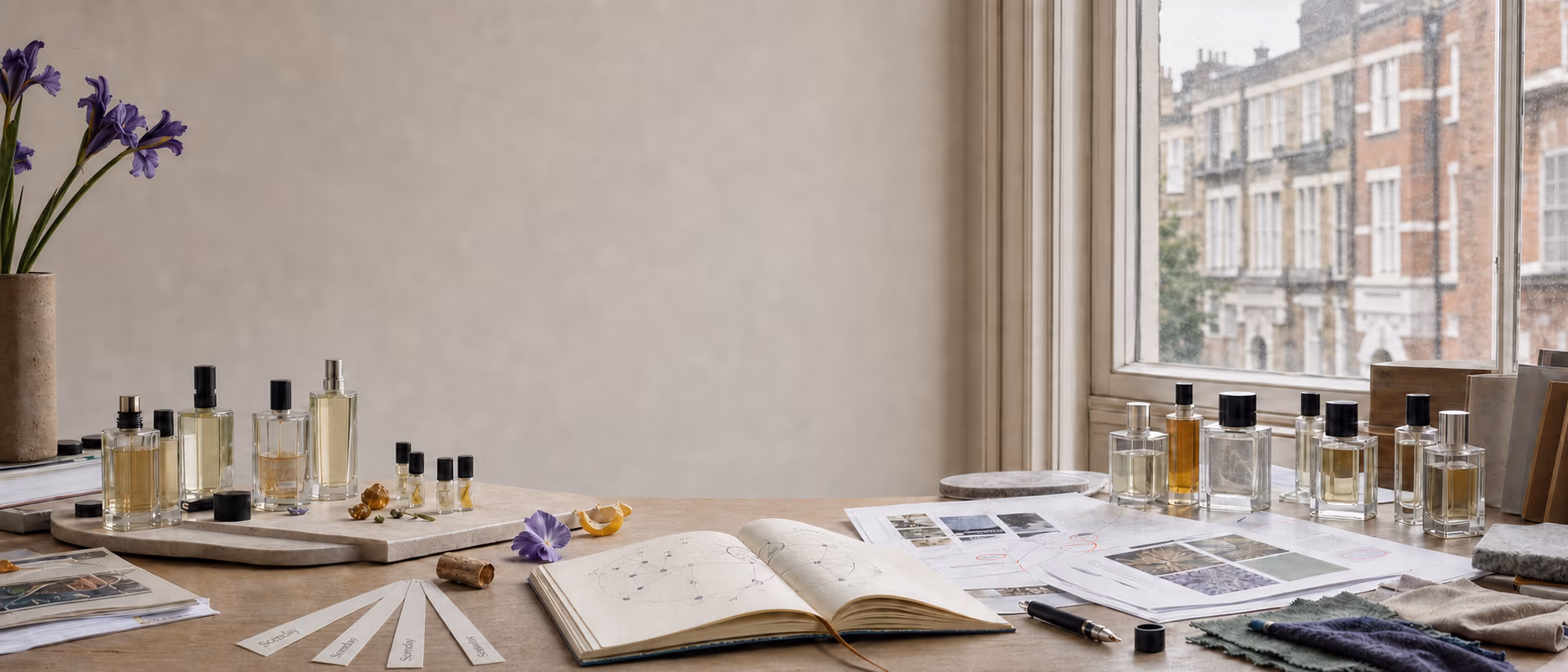 The Scenday studio desk in London: bottles, labelled scent strips and a notebook of scent maps.