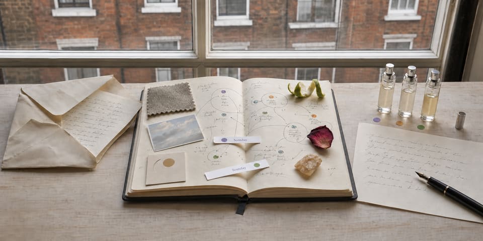 A Scenday taste ledger mapping scent strips into a personal scent profile, on a London desk