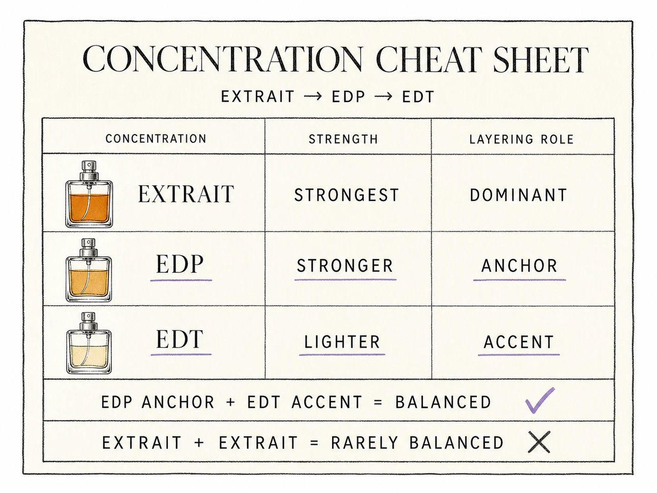 Concentration cheat sheet showing extrait, EDP, and EDT, with EDP marked as the anchor and EDT as the accent.