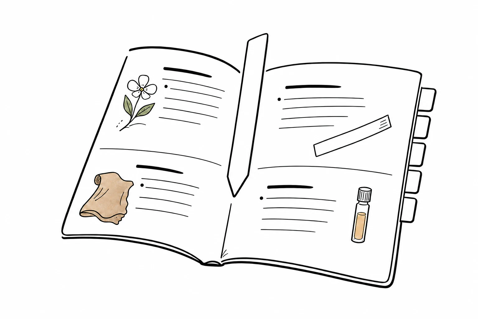 An open fragrance syllabus illustrated with flowers, leather, testing strips and a sample vial