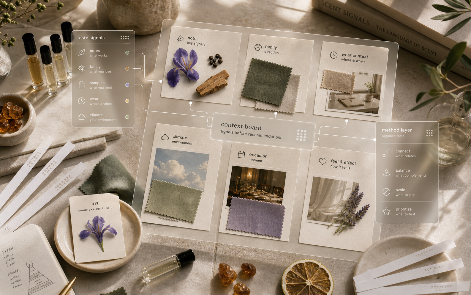 Scenday context board showing scent notes, fabric swatches, samples, and wear context signals before recommendations.
