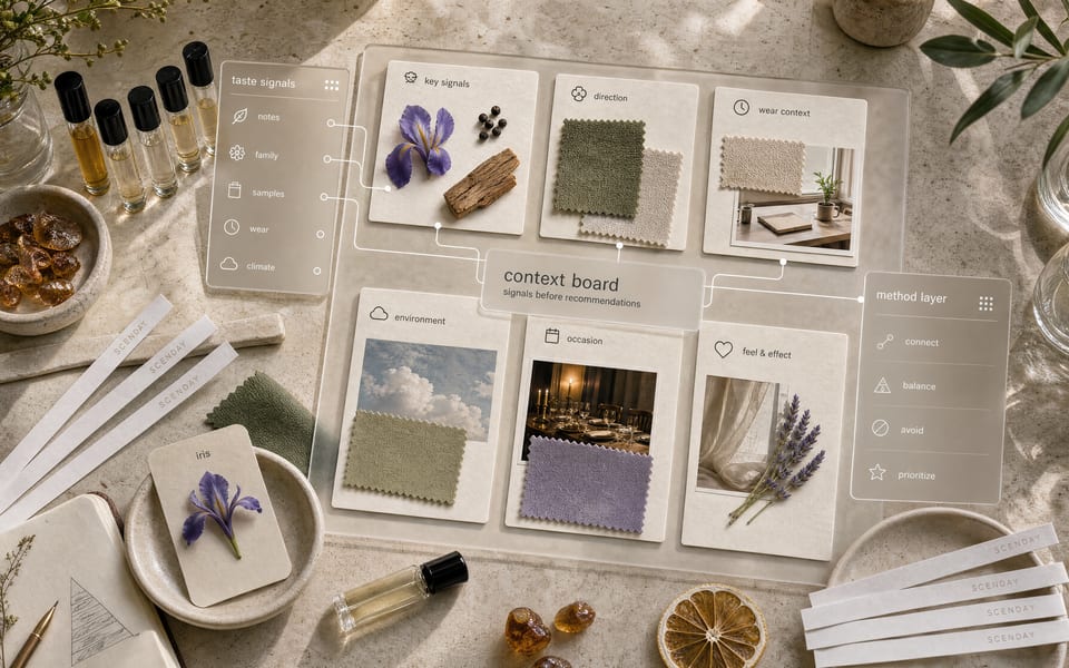 Scenday context board: scent notes, fabric swatches, samples and wear context before recommending.