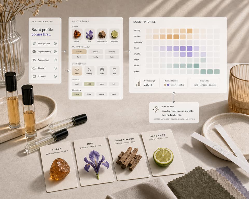 Scenday product preview: a fragrance signal desk mapping input signals into a scent profile and fit.
