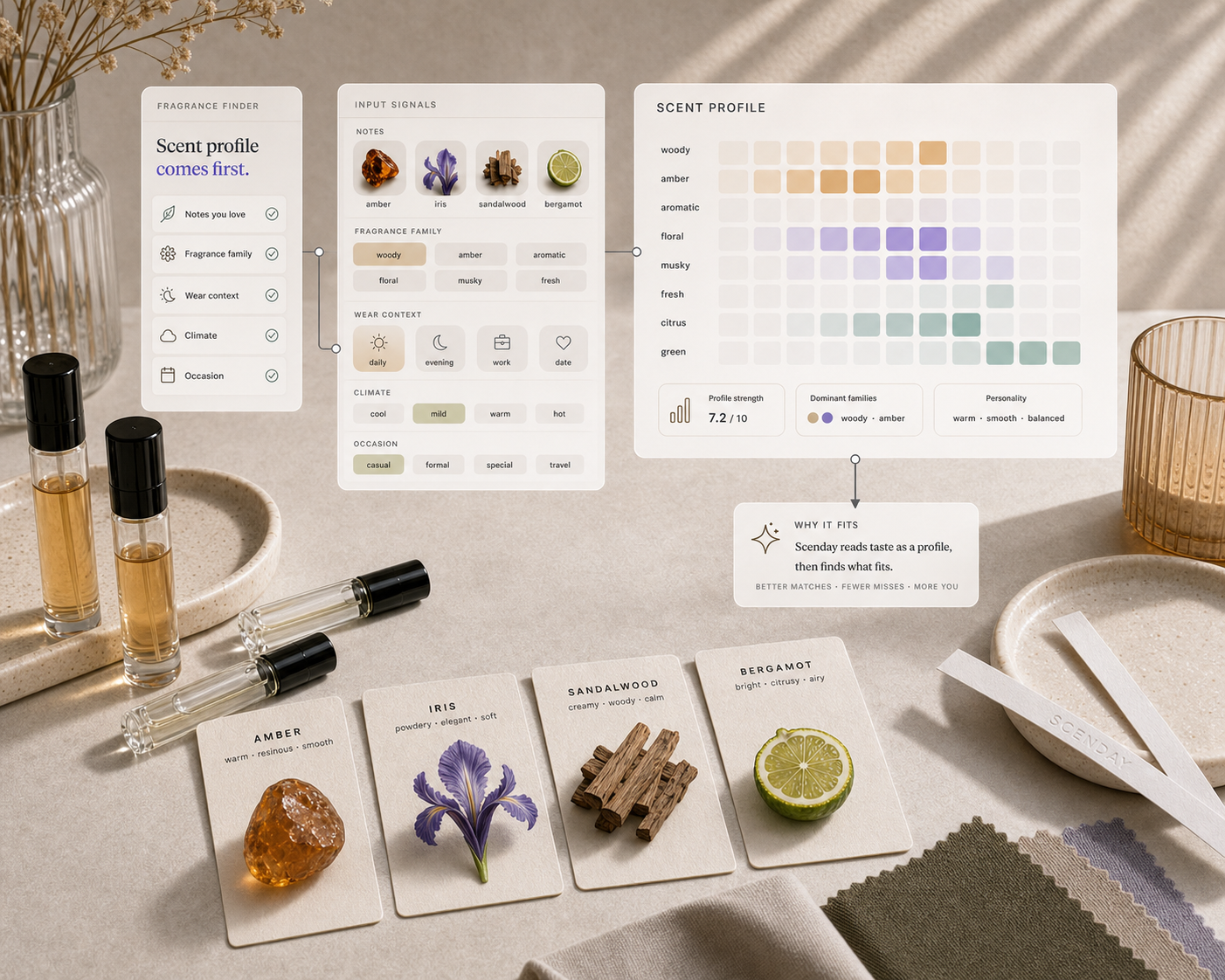 Scenday product preview showing a fragrance signal desk with input signals mapped into a scent profile and fit explanation.